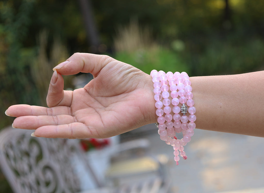 Tibetan Rose Quartz Mala 108 Beads –  Silver Guru Bead & Om Mani Spacers