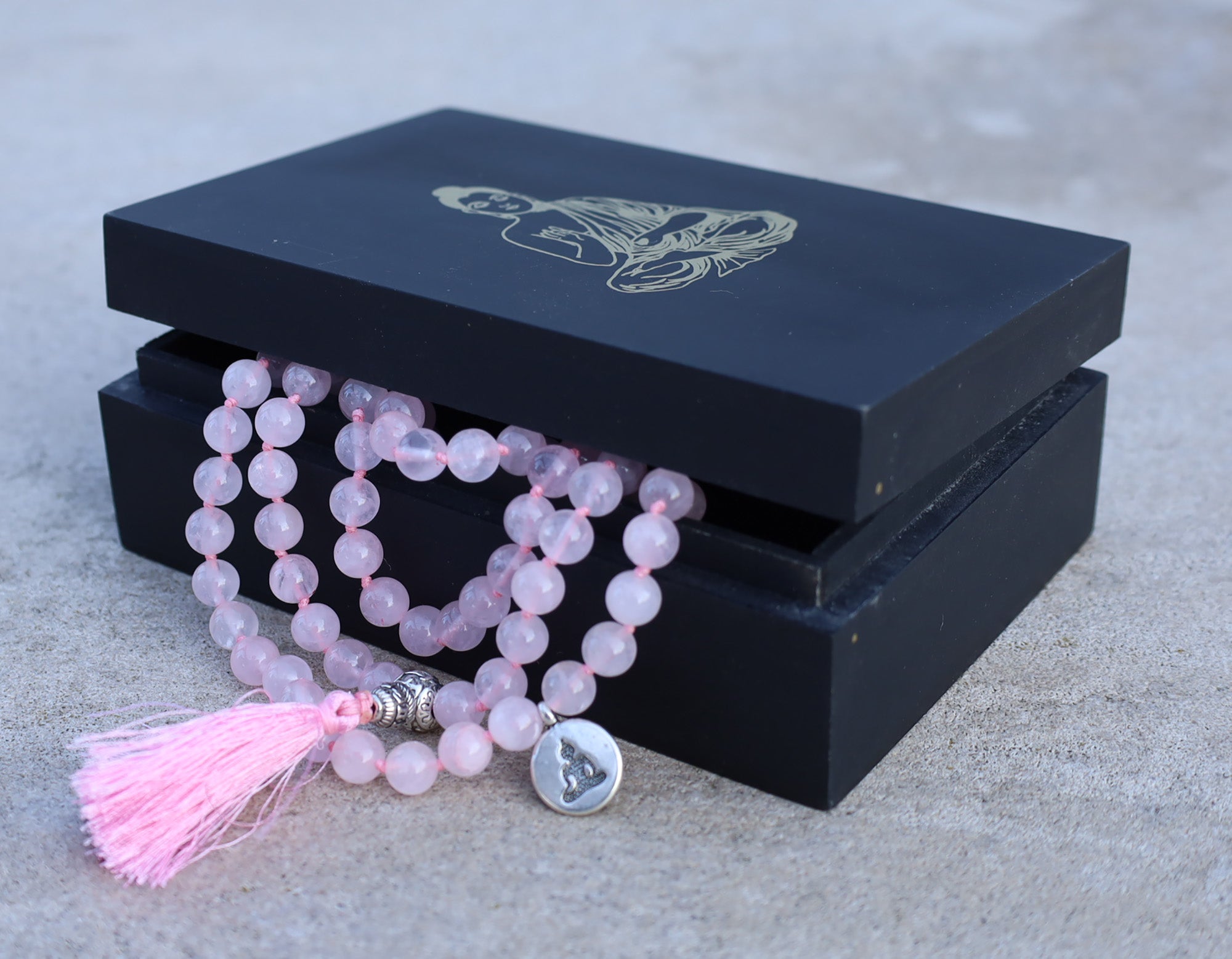 Gemstone Buddha Charm 108 Beads Mala With Box - DharmaObjects