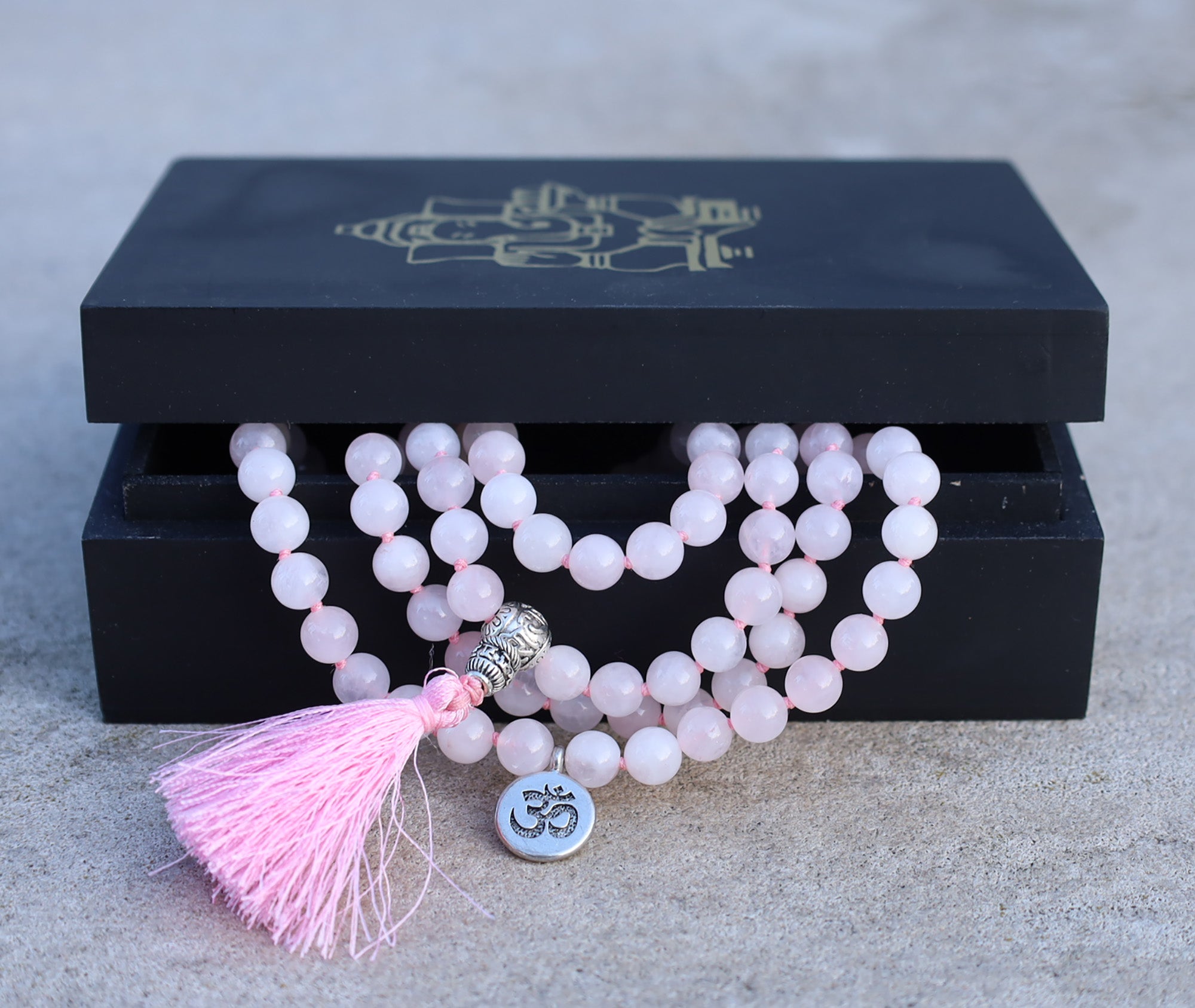 Gemstone OM Charm 108 Beads Prayer Mala With Box - DharmaObjects