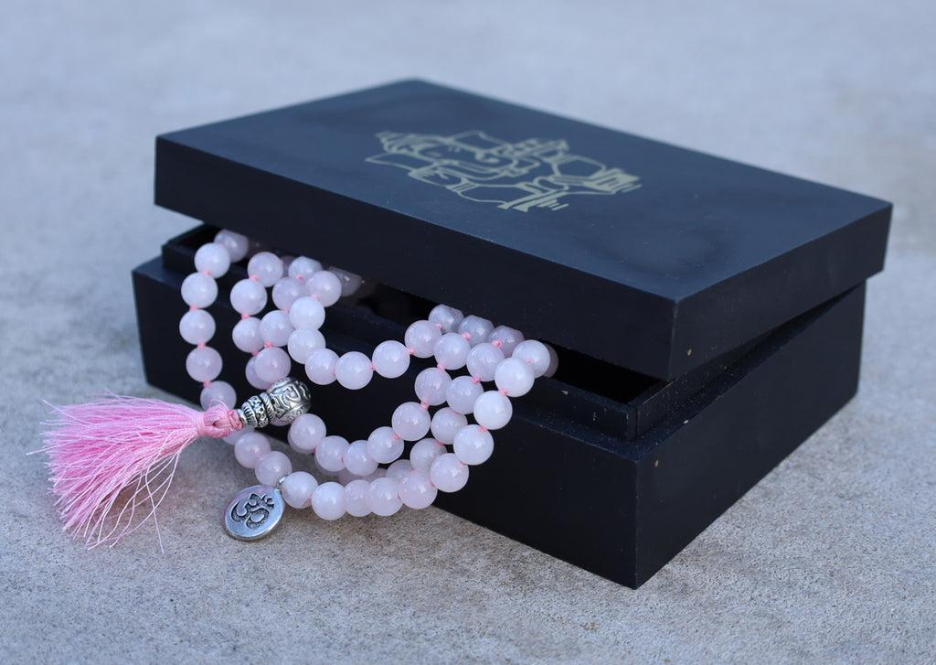 Gemstone OM Charm 108 Beads Prayer Mala With Box - DharmaObjects