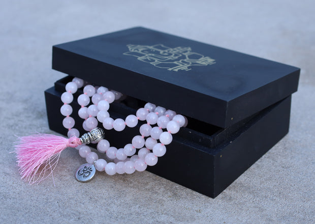 Om Healing Stone 108 Beads Mala Prayer Meditation Yoga Chakra With Silver Guru Bead And Silver Spacers - Free Wooden Gift Box