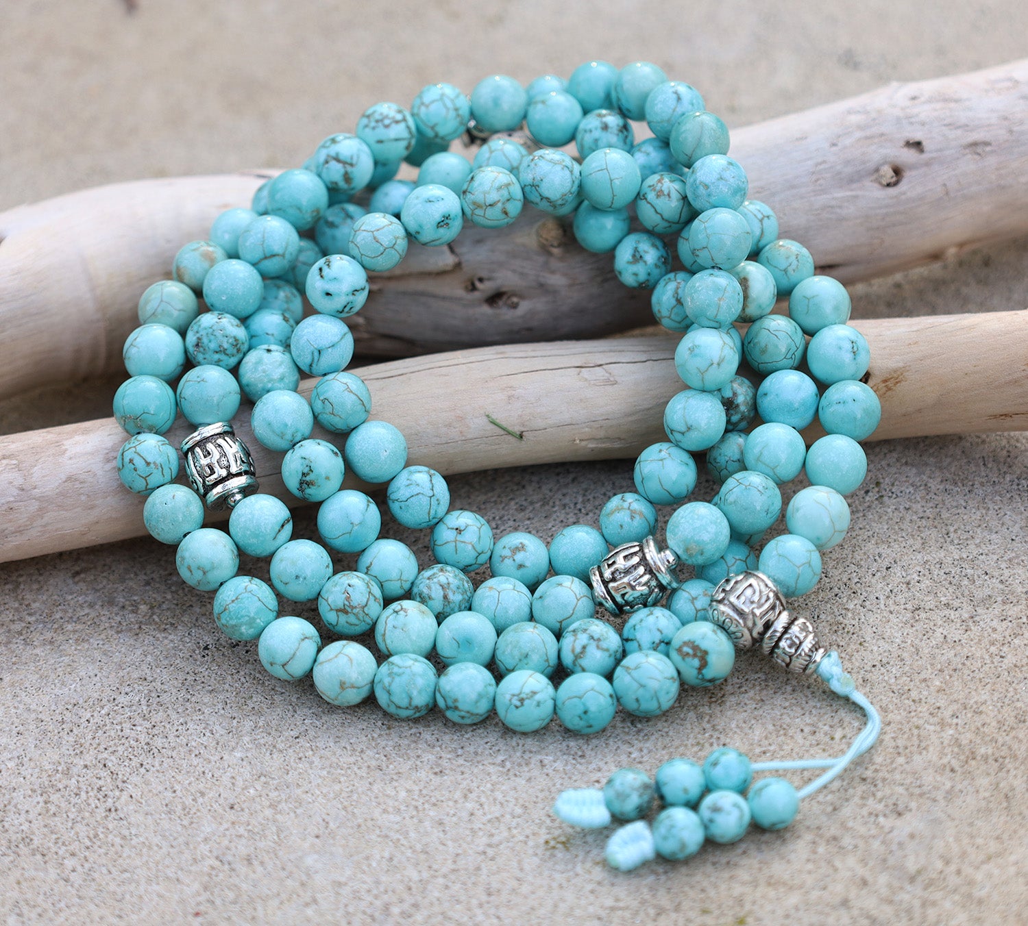 Turquoise 108 Bead Meditation Mala | Om Mani Padme Hum Prayer Beads | Buddhist Gemstone Japa Mala | Yoga Spiritual Necklace - DharmaObjects