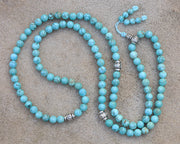 Tibetan Turquoise 108 Beads Mala Meditation Yoga With Silver Guru Bead, Silver Spacers And Mala Wooden Box