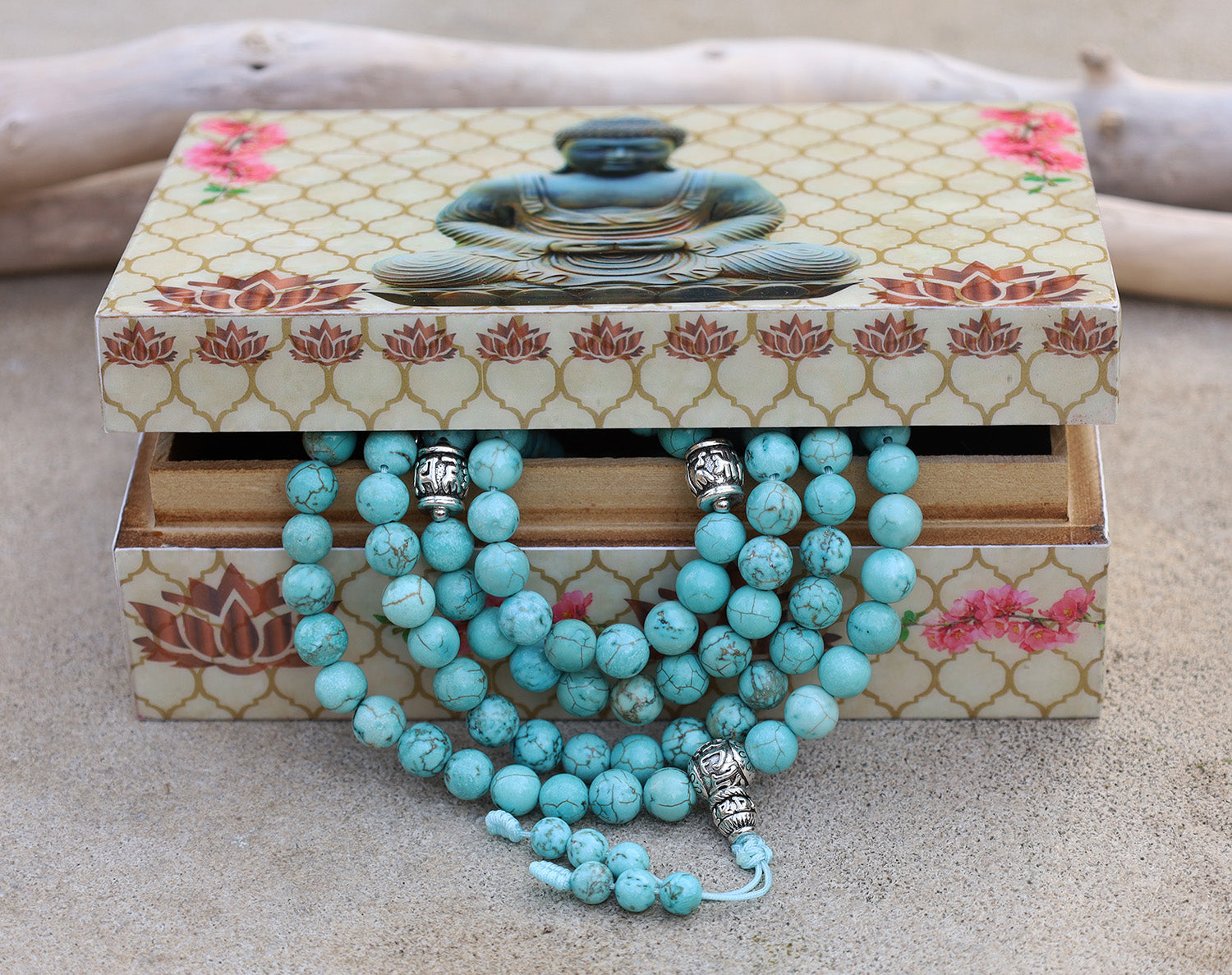 Turquoise 108 Bead Meditation Mala | Om Mani Padme Hum Prayer Beads | Buddhist Gemstone Japa Mala | Yoga Spiritual Necklace - DharmaObjects