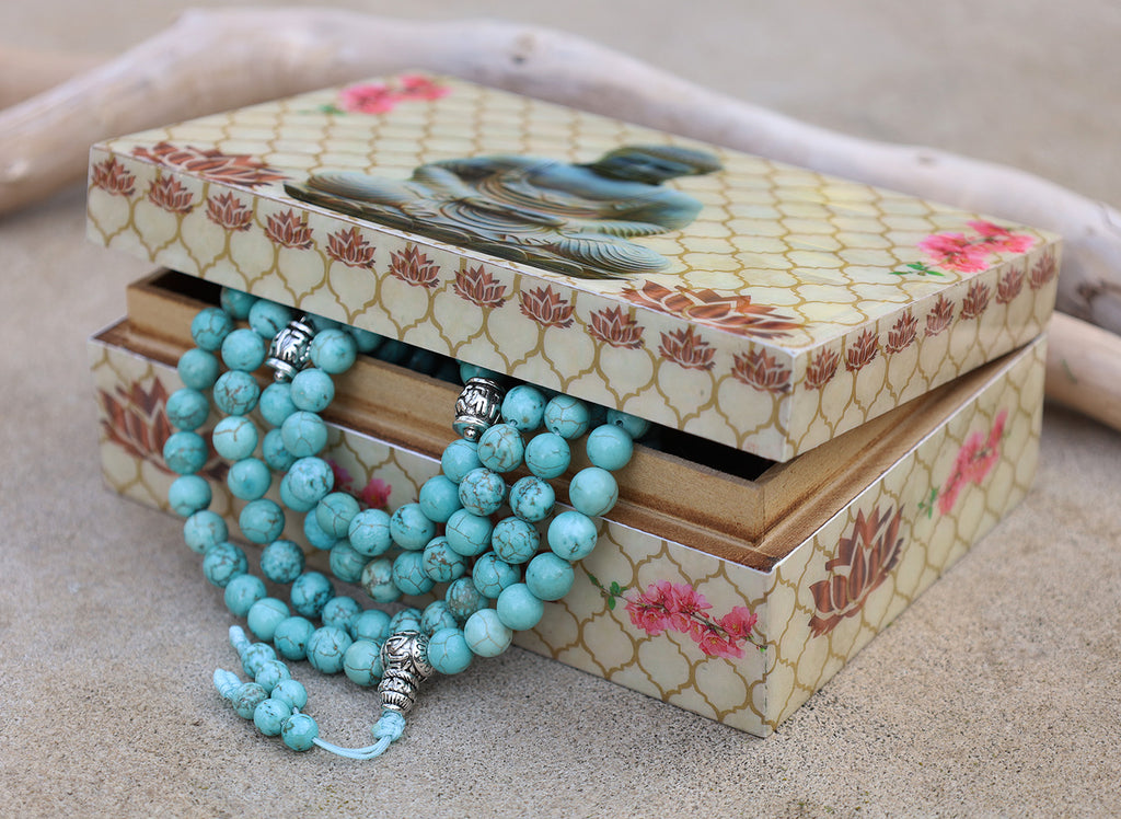 Turquoise 108 Bead Meditation Mala | Om Mani Padme Hum Prayer Beads | Buddhist Gemstone Japa Mala | Yoga Spiritual Necklace - DharmaObjects