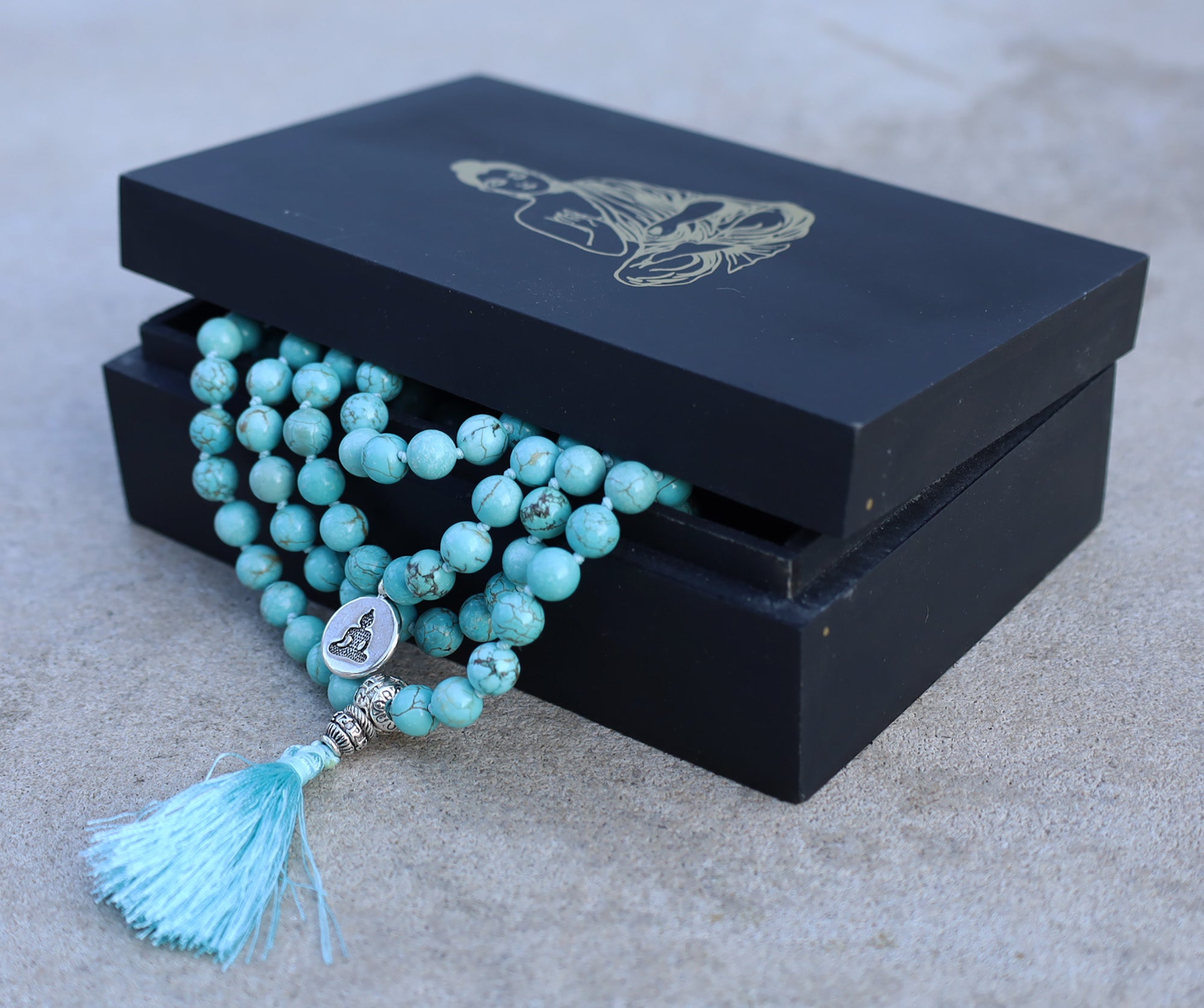 Gemstone Buddha Charm 108 Beads Mala With Box - DharmaObjects