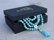 Tibetan Buddha Healing Stone 108 Beads Mala Prayer Meditation Yoga Chakra With Silver Guru Bead And Silver Spacers - Free Wooden Gift Box