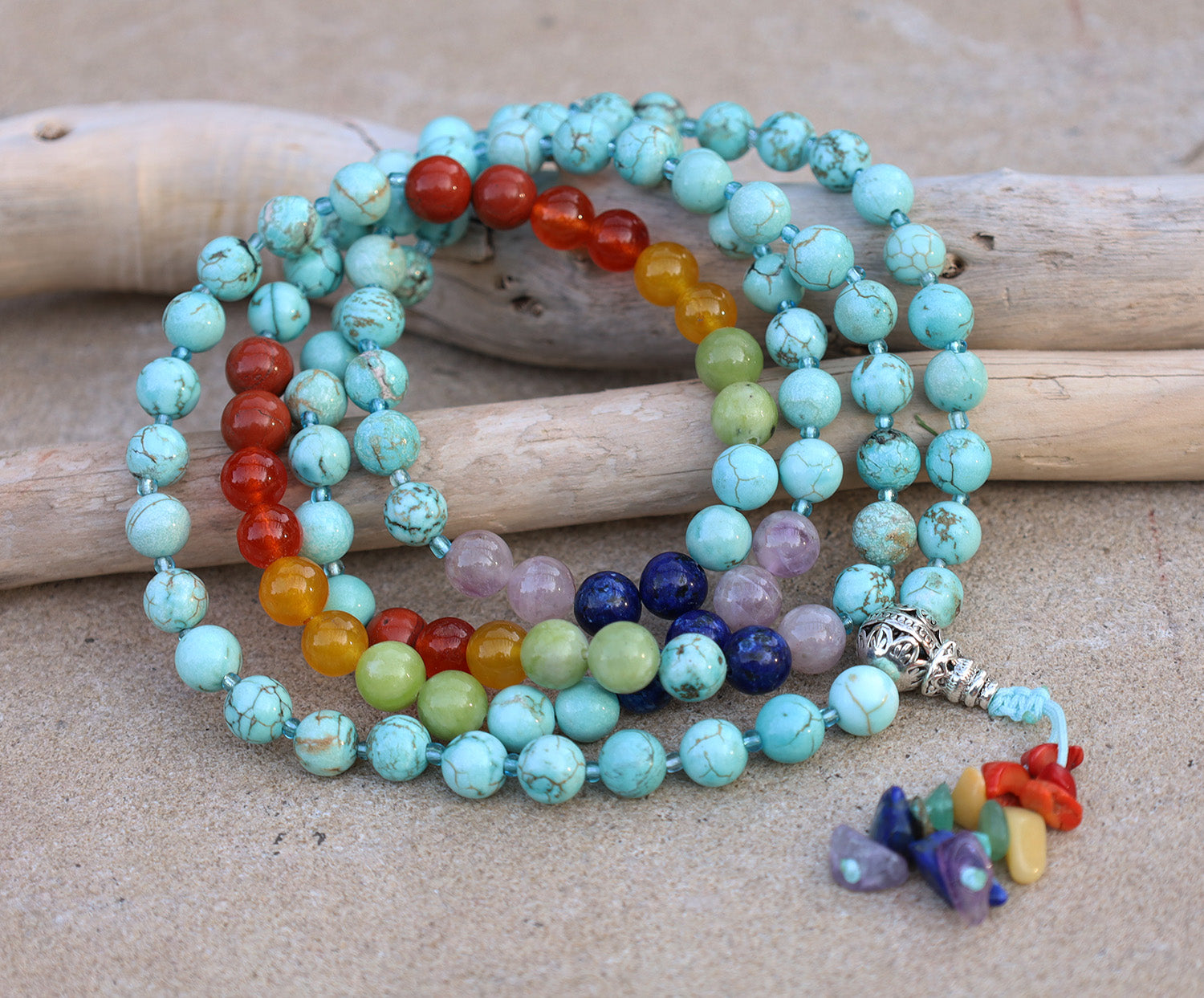 Tibetan Turquoise Chakra 108 Beads Mala Meditation Yoga With Silver Guru Bead, Silver Spacers And Mala Wooden Box