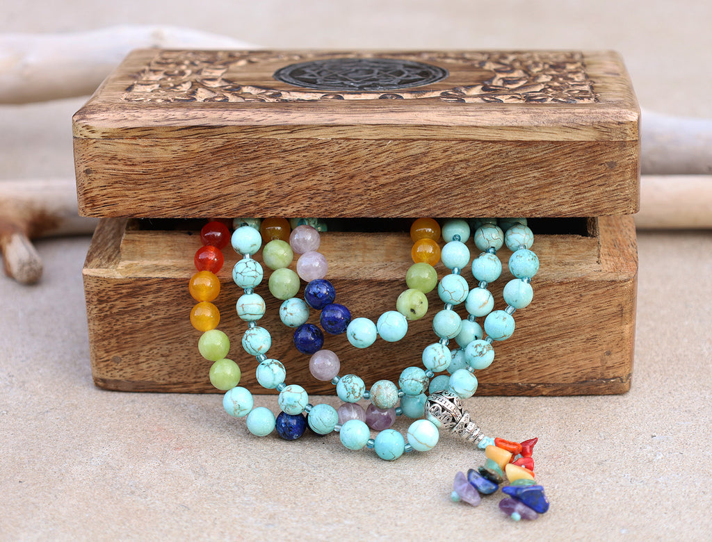 Tibetan Turquoise Chakra 108 Beads Mala Meditation Yoga With Silver Guru Bead, Silver Spacers And Mala Wooden Box