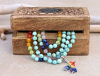 Tibetan Turquoise Chakra 108 Beads Mala Meditation Yoga With Silver Guru Bead, Silver Spacers And Mala Wooden Box