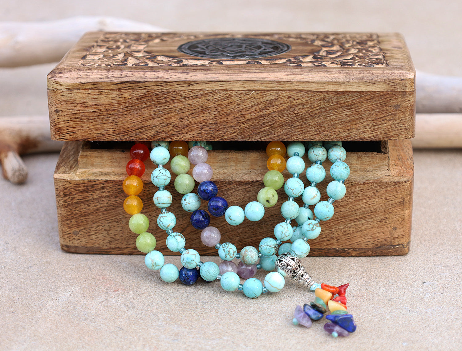 Tibetan Turquoise Chakra 108 Beads Mala Meditation Yoga With Silver Guru Bead, Silver Spacers And Mala Wooden Box