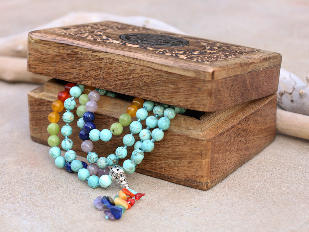 Tibetan Turquoise Chakra 108 Beads Mala Meditation Yoga With Silver Guru Bead, Silver Spacers And Mala Wooden Box