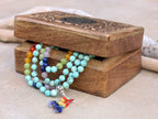 Tibetan Turquoise Chakra 108 Beads Mala Meditation Yoga With Silver Guru Bead, Silver Spacers And Mala Wooden Box