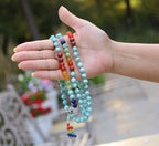 Tibetan Turquoise Chakra 108 Beads Mala Meditation Yoga With Silver Guru Bead, Silver Spacers And Mala Wooden Box