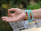 Tibetan Turquoise Chakra 108 Beads Mala Meditation Yoga With Silver Guru Bead, Silver Spacers And Mala Wooden Box