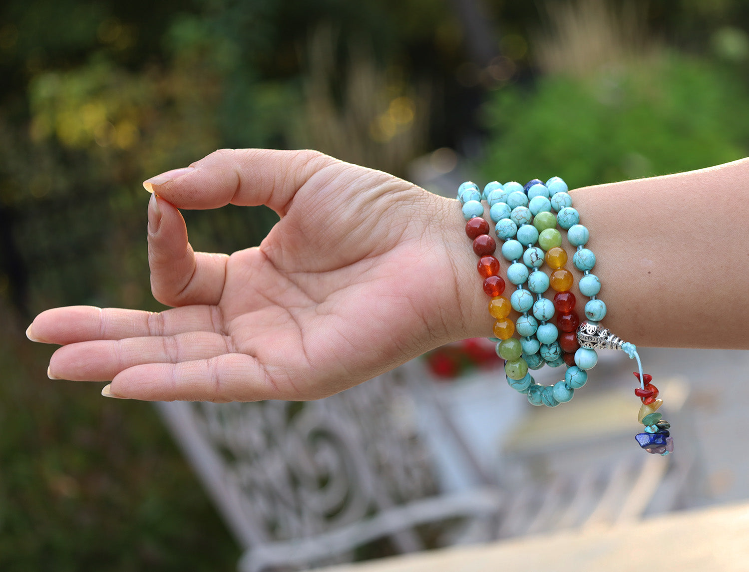 Tibetan Turquoise Chakra 108 Beads Mala Meditation Yoga With Silver Guru Bead, Silver Spacers And Mala Wooden Box