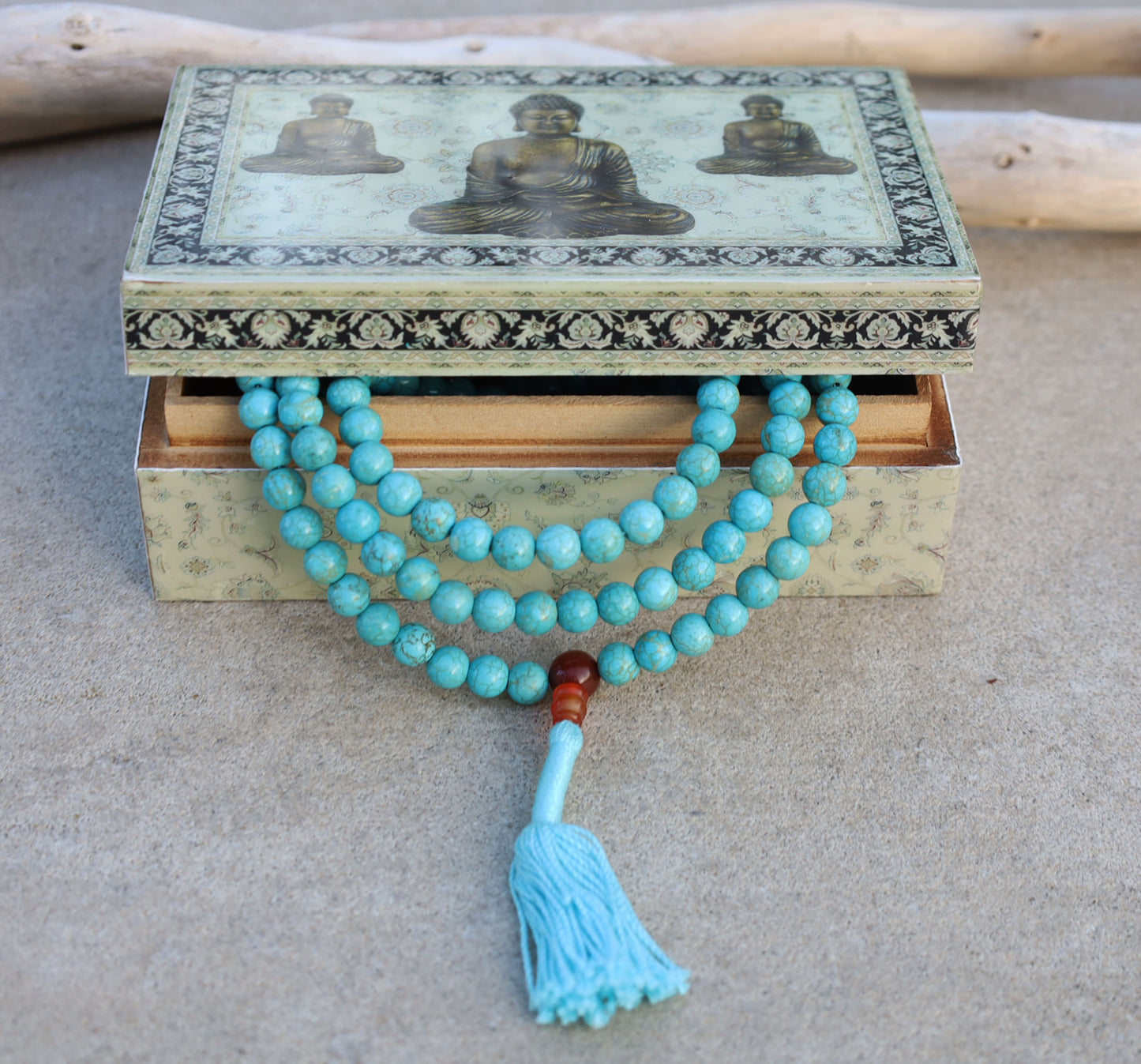 Tibetan Turquoise Mala / Rosary 108 Beads Coral Markers / Free Mala Box