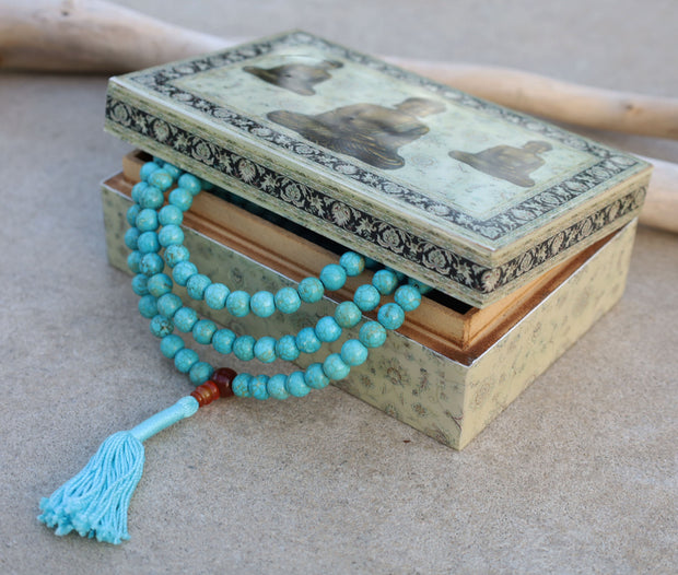 Tibetan Turquoise Mala / Rosary 108 Beads Coral Markers / Free Mala Box