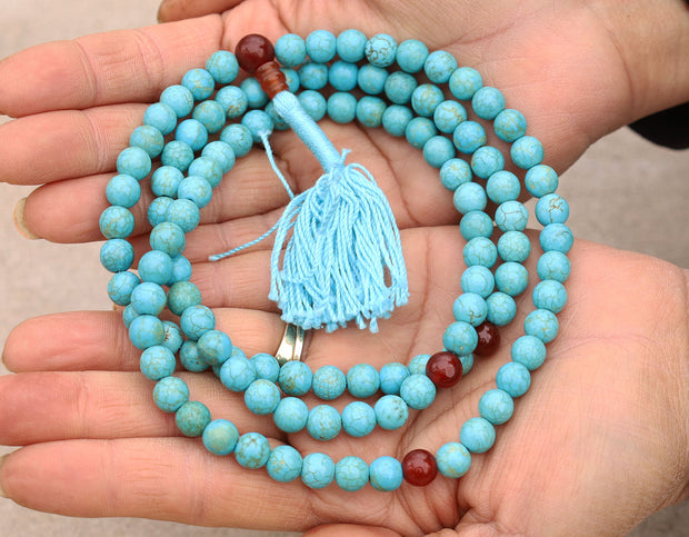 Tibetan Turquoise Mala / Rosary 108 Beads Coral Markers / Free Mala Box