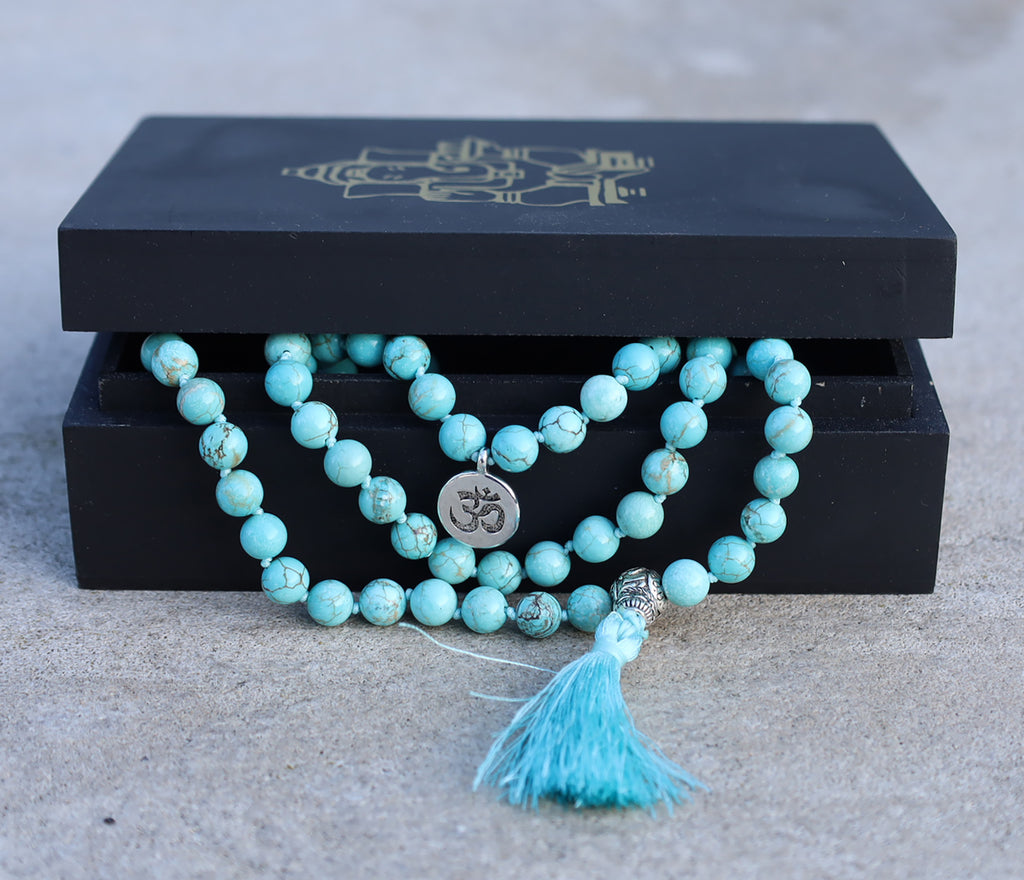 Gemstone OM Charm 108 Beads Prayer Mala With Box - DharmaObjects