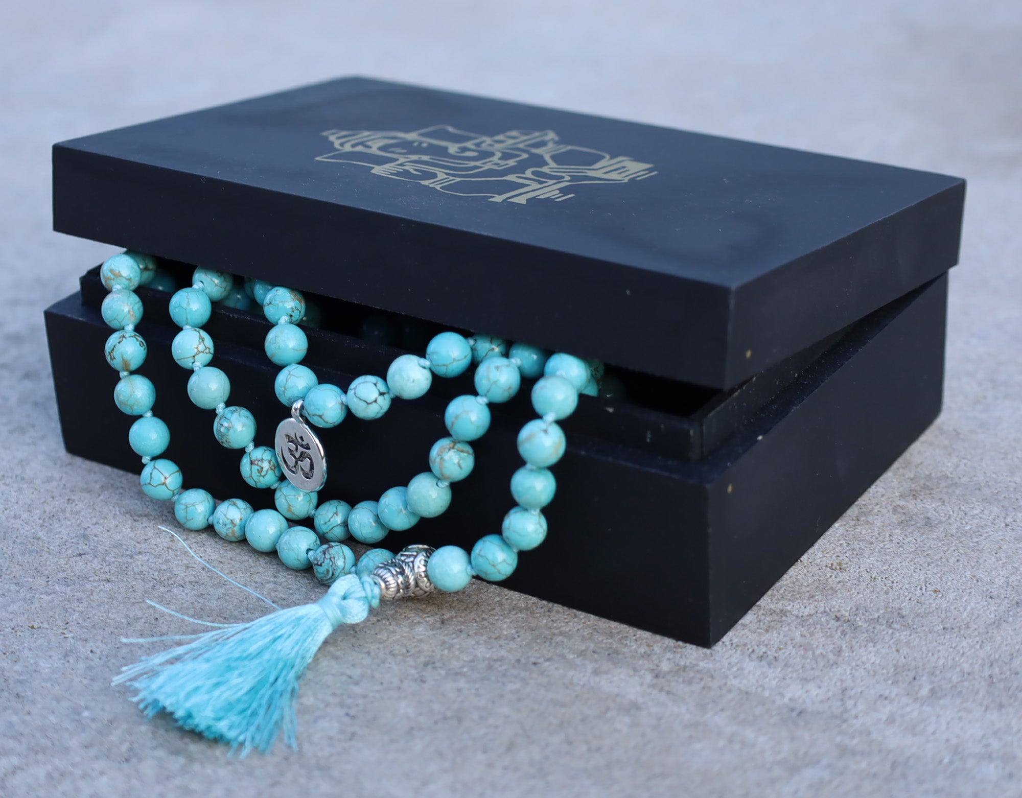 Gemstone OM Charm 108 Beads Prayer Mala With Box - DharmaObjects