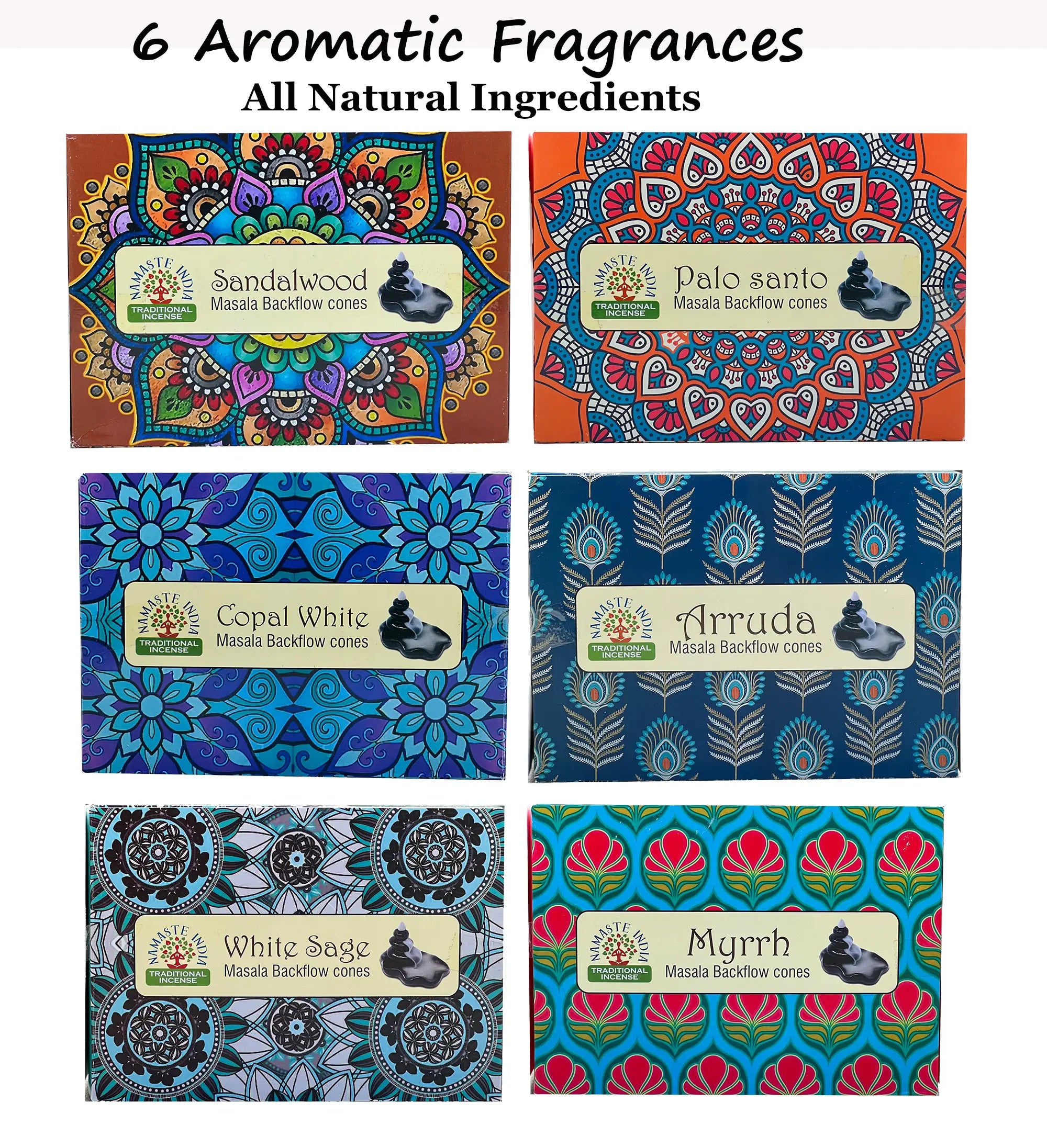 Namaste India Premium Backflow Cone Incense Gift Pack 6 Box - DharmaObjects