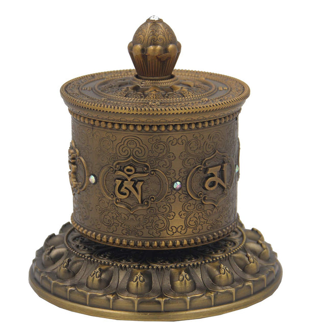 Prayer Wheel Premium Quality Solid Brass Heavy Duty Table Top (Large) - DharmaObjects