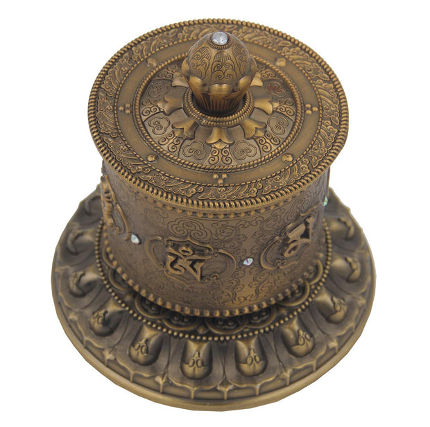 Prayer Wheel Premium Quality Solid Brass Heavy Duty Table Top (Large) - DharmaObjects