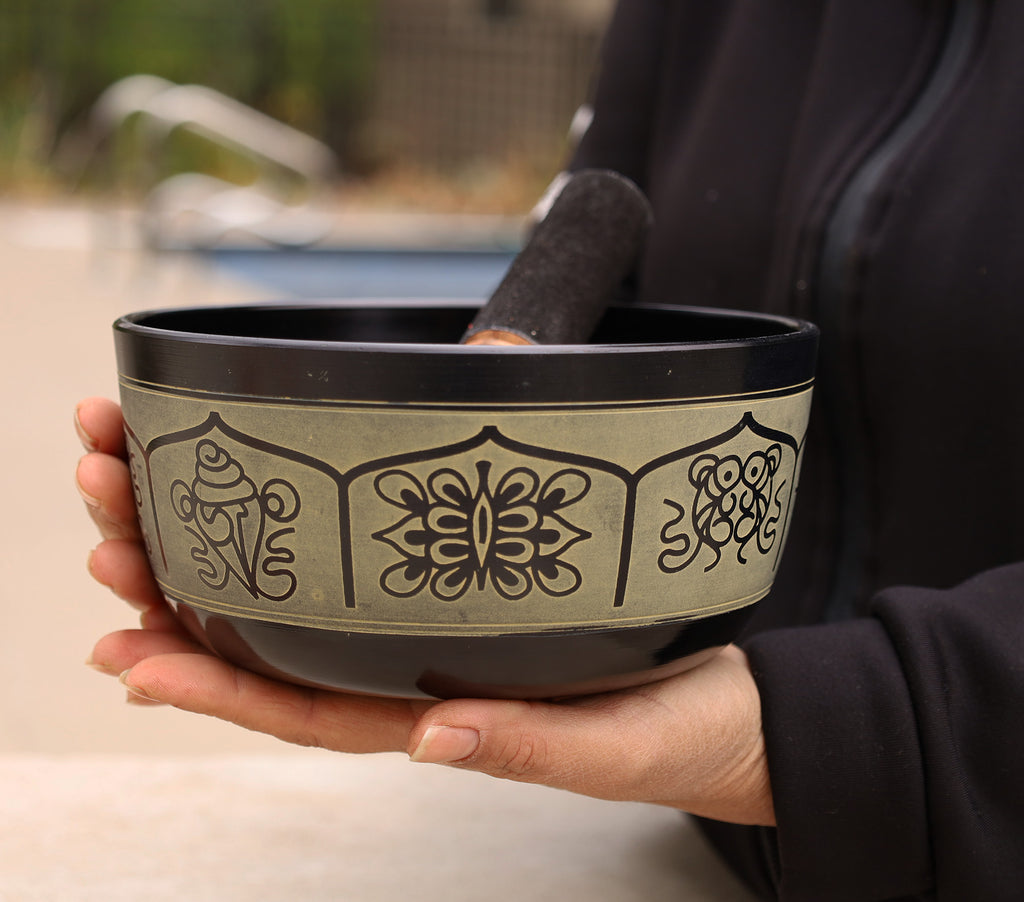 Large Tibetan Singing Bowl Set | Hand Etched Meditation Bowl with Wooden Suede Mallet & Ring Cushion - DharmaObjects