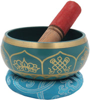 Medium ~ Tibetan 8 Lucky Symols Singing Bowl Set ~ With Mallet, Brocade Cushion & Carry Bag ~ For Meditation, Chakra Healing, Prayer, Yoga (Turquoise) - DharmaObjects