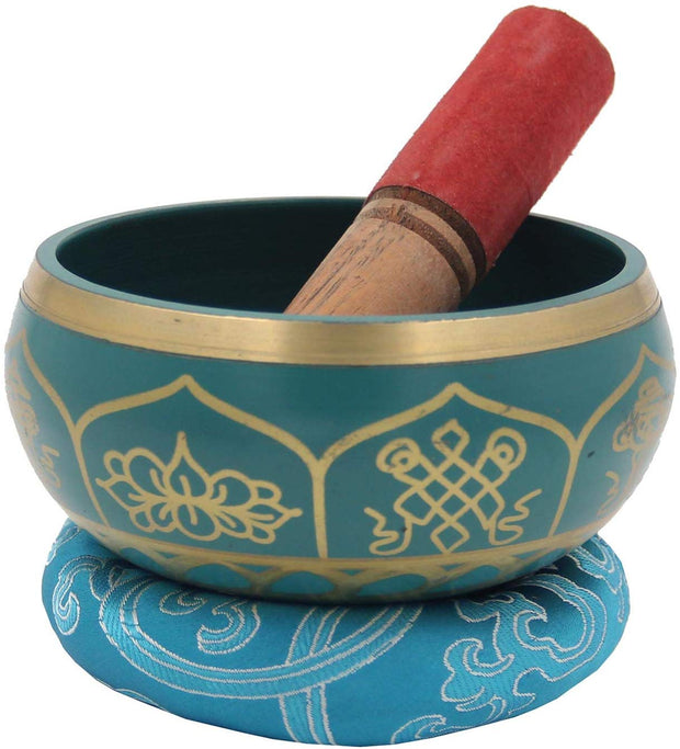 Medium ~ Tibetan 8 Lucky Symols Singing Bowl Set ~ With Mallet, Brocade Cushion & Carry Bag ~ For Meditation, Chakra Healing, Prayer, Yoga (Turquoise) - DharmaObjects