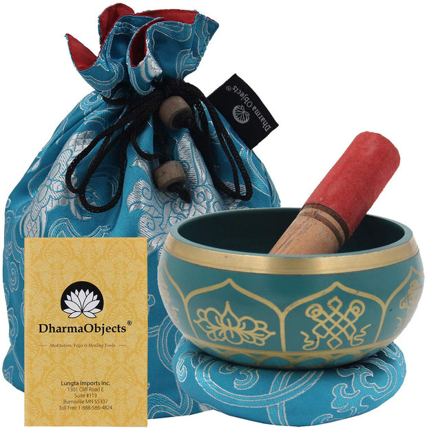 Medium ~ Tibetan 8 Lucky Symols Singing Bowl Set ~ With Mallet, Brocade Cushion & Carry Bag ~ For Meditation, Chakra Healing, Prayer, Yoga (Turquoise) - DharmaObjects
