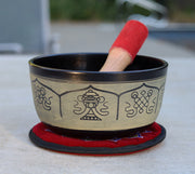 Tibetan Singing Bowl Complete Set Eight Lucky Symbol With Mallet and Cushion ~ For Meditation, Chakra Healing, Prayer, Yoga