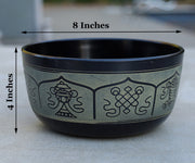 Tibetan Singing Bowl Complete Set Eight Lucky Symbol With Mallet and Cushion ~ For Meditation, Chakra Healing, Prayer, Yoga (8 Inches Diameter)