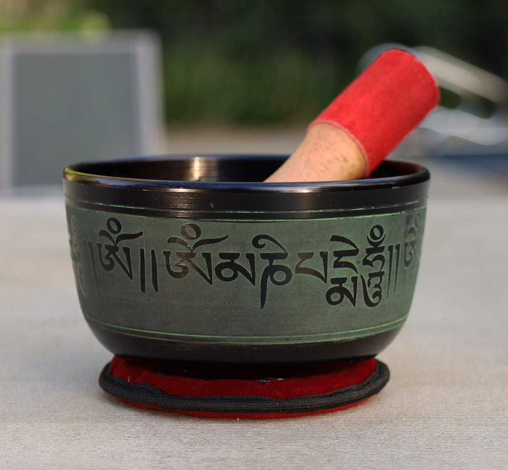 Tibetan Singing Bowl Complete Set Buddhist Om Mani Mantra With Mallet and Cushion ~ For Meditation, Chakra Healing, Prayer, Yoga - DharmaObjects
