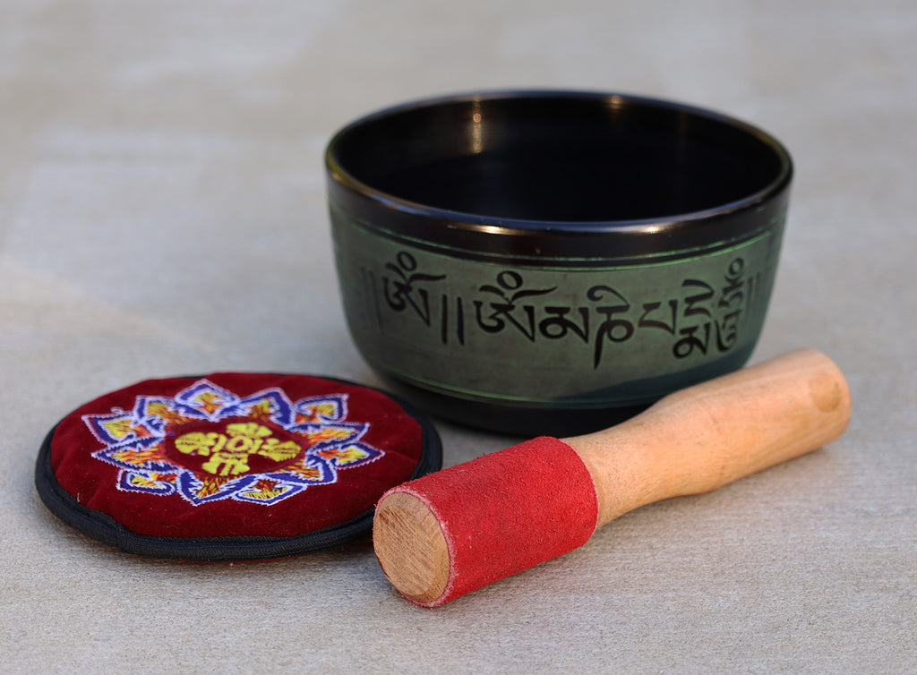 Tibetan Singing Bowl Complete Set Buddhist Om Mani Mantra With Mallet and Cushion ~ For Meditation, Chakra Healing, Prayer, Yoga - DharmaObjects