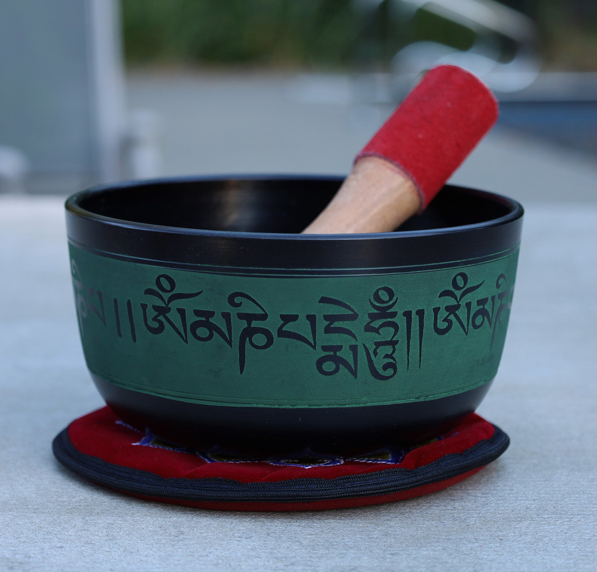Tibetan Singing Bowl Complete Set Buddhist Om Mani Mantra With Mallet and Cushion ~ For Meditation, Chakra Healing, Prayer, Yoga - DharmaObjects