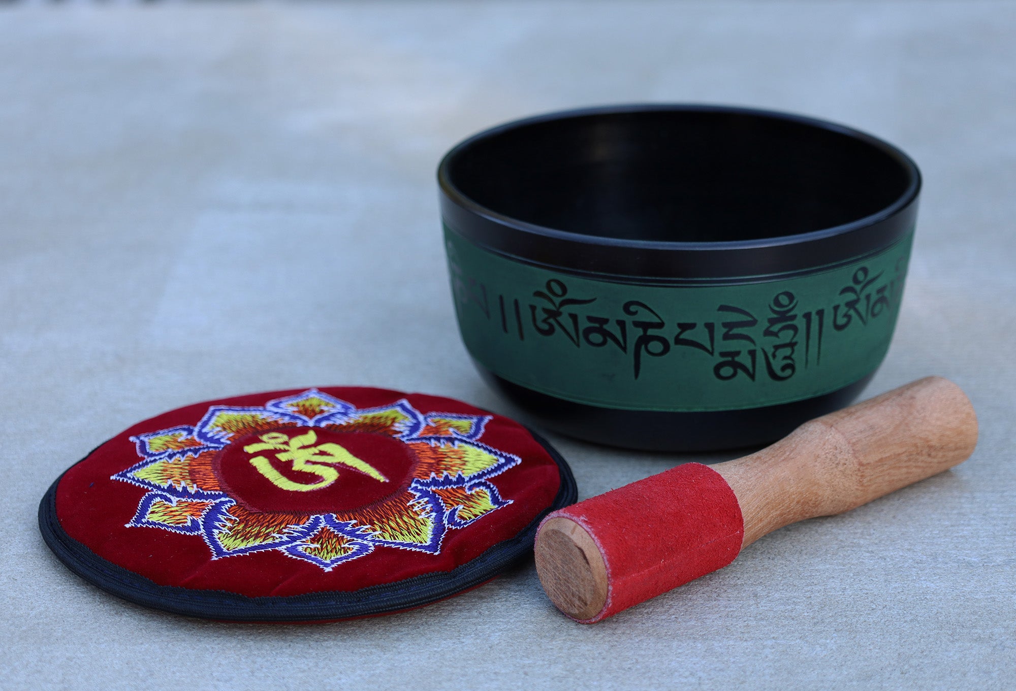 Tibetan Singing Bowl Complete Set Buddhist Om Mani Mantra With Mallet and Cushion ~ For Meditation, Chakra Healing, Prayer, Yoga - DharmaObjects