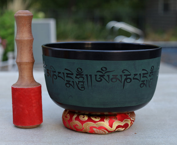 Tibetan Singing Bowl Complete Set Buddhist Om Mani Mantra With Mallet and Cushion ~ For Meditation, Chakra Healing, Prayer, Yoga