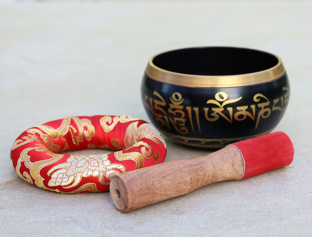 Tibetan Large Singing Bowl Om Mani ~ With Mallet And Brocade Cushion ~ For Mindfulness Meditation, Chakra Healing, Yoga - DharmaObjects