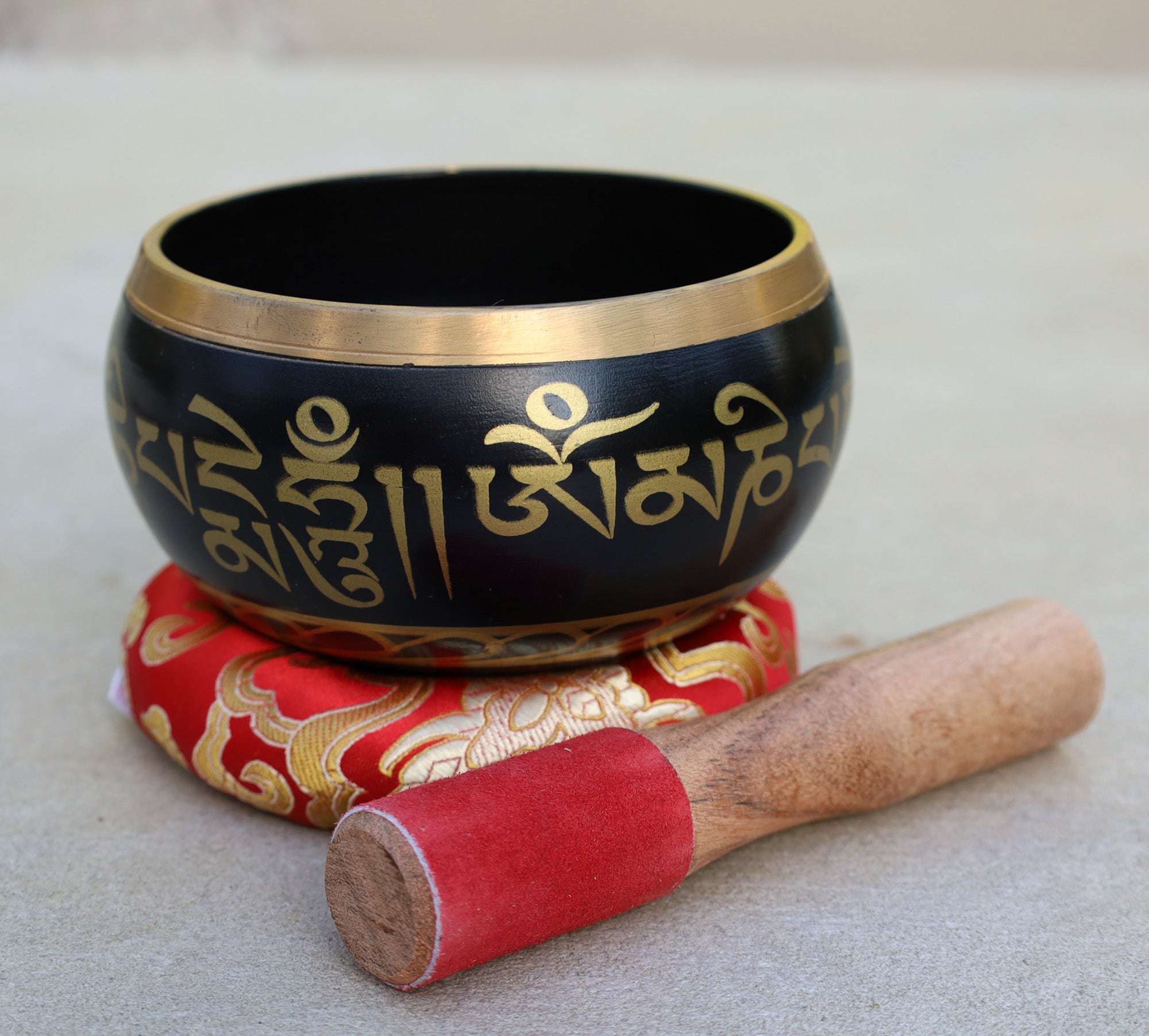 Tibetan Large Singing Bowl Om Mani ~ With Mallet And Brocade Cushion ~ For Mindfulness Meditation, Chakra Healing, Yoga - DharmaObjects