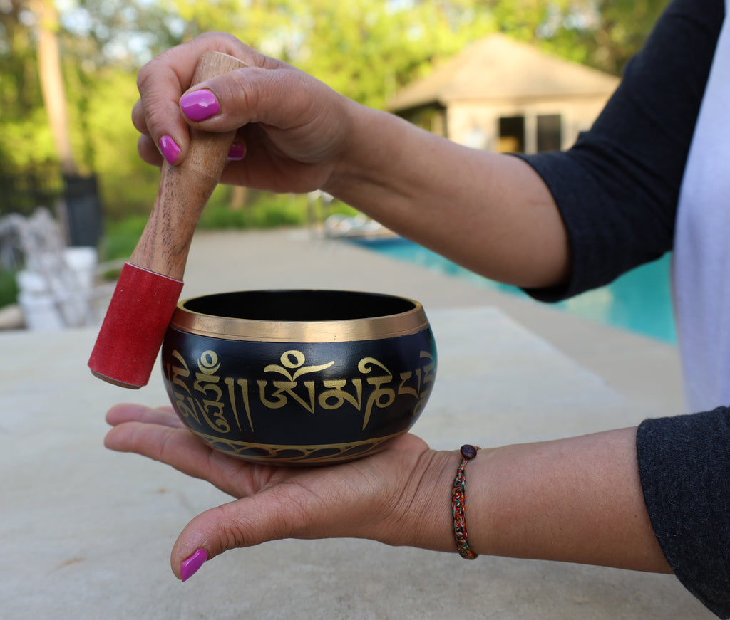Tibetan Large Singing Bowl Om Mani ~ With Mallet And Brocade Cushion ~ For Mindfulness Meditation, Chakra Healing, Yoga - DharmaObjects