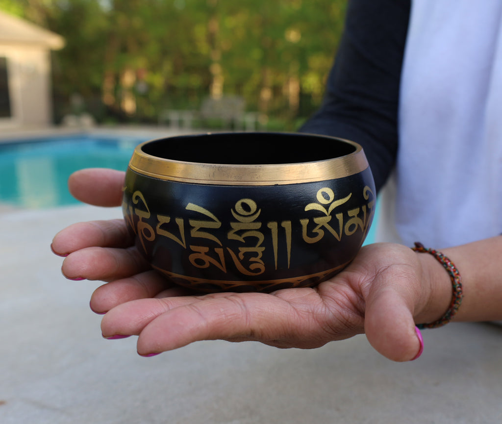 Tibetan Large Singing Bowl Om Mani ~ With Mallet And Brocade Cushion ~ For Mindfulness Meditation, Chakra Healing, Yoga - DharmaObjects