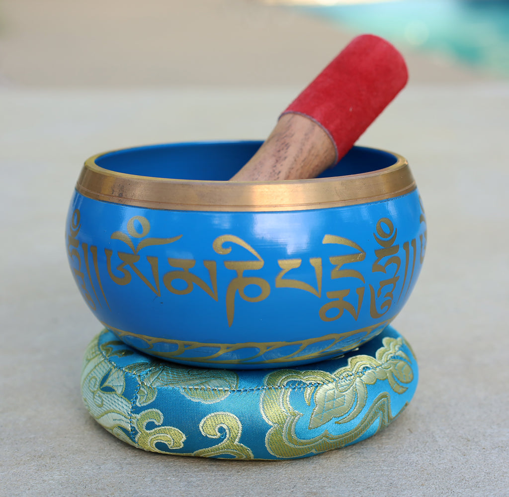 Tibetan Large Singing Bowl Om Mani ~ With Mallet And Brocade Cushion ~ For Mindfulness Meditation, Chakra Healing, Yoga - DharmaObjects