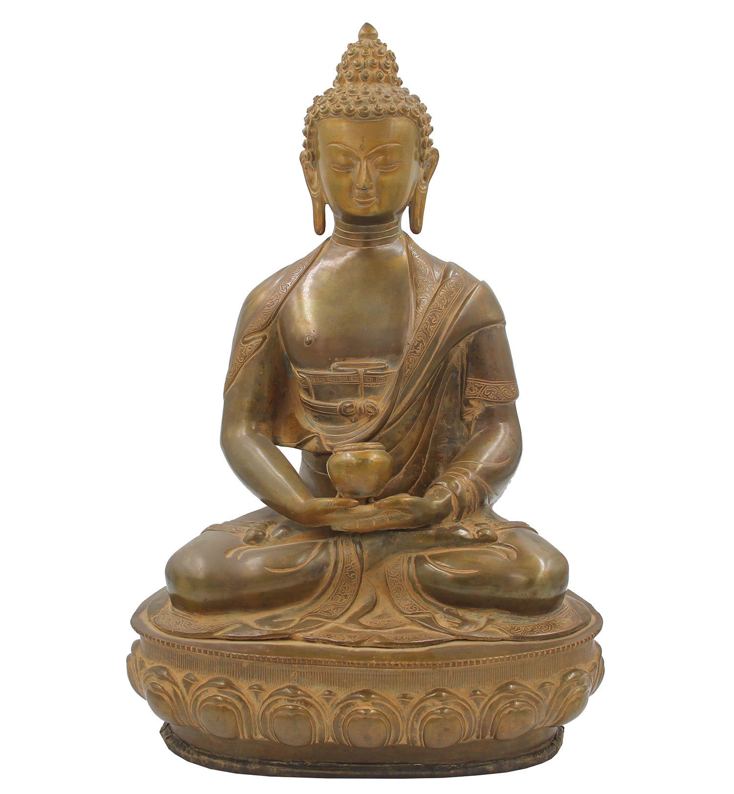 Buddha Meditation Statue on Lotus Copper Finish Brass 17.5 Inches Tall - DharmaObjects