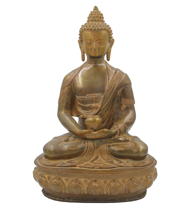 Buddha Meditation Statue on Lotus Copper Finish Brass 17.5 Inches Tall