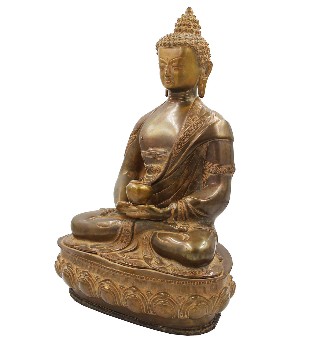 Buddha Meditation Statue on Lotus Copper Finish Brass 17.5 Inches Tall - DharmaObjects