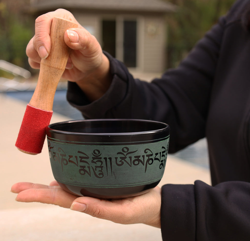 Tibetan Singing Bowl Complete Set Buddhist Om Mani Mantra With Mallet and Cushion ~ For Meditation, Chakra Healing, Prayer, Yoga - DharmaObjects