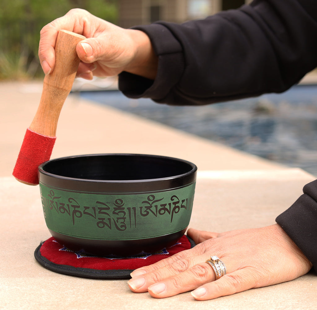 Tibetan Singing Bowl Complete Set Buddhist Om Mani Mantra With Mallet and Cushion ~ For Meditation, Chakra Healing, Prayer, Yoga - DharmaObjects