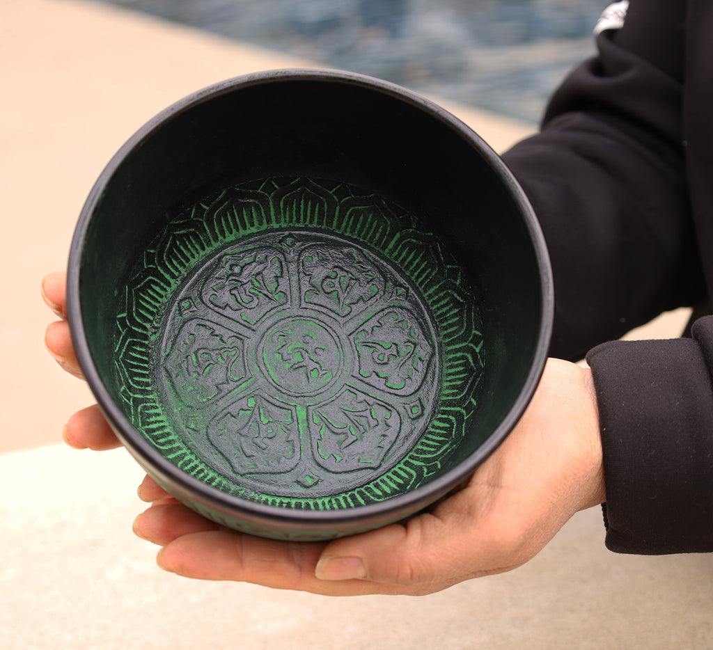 Tibetan Singing Bowl Complete Set Buddhist Om Mani Mantra With Mallet and Cushion ~ For Meditation, Chakra Healing, Prayer, Yoga - DharmaObjects
